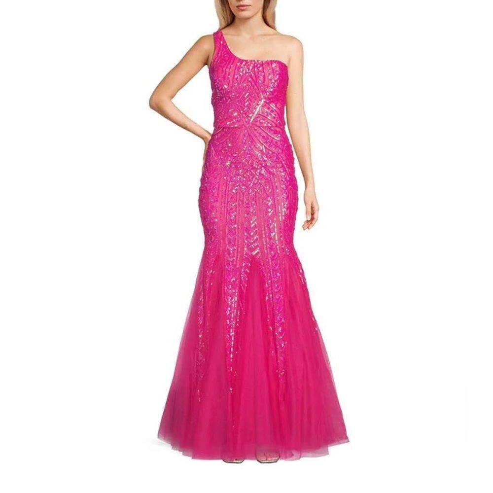 B. Darlin One Shoulder Sequin Mermaid Gown Pink Prom Size 9/10